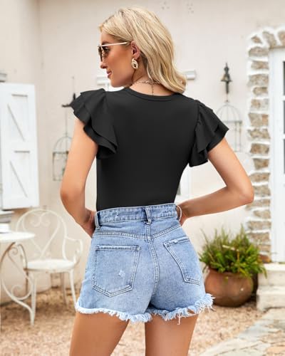 Womens Ruffle Short Sleeve Bodysuits Slim Fit Crew Neck Ribbed Leotard Shirts Tops4
