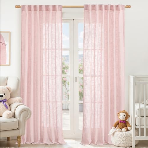LAMIT Linen Curtains 90 Inch for Living Room, Back Tab and Rod Pocket Linen Textured Farmhouse Curtains Light Filtering Drapes for Bedroom/Dining Room, Pink, Set of 2, 52 x 90 Inch