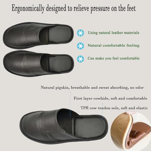 Image of Hwayslon Leather Slippers Men's Women's Leather Room Shoes Natural Cowhide Luxury Solid Color Unisex