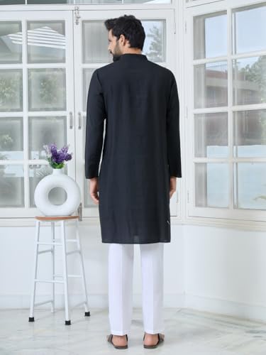 Image of See Designs Men's Full Sleeve Mandarin Collar Ethnic Motifs Embroidered Sequinned Mandarin Collar Straight Long Kurta with Pyjama - Festive Collection