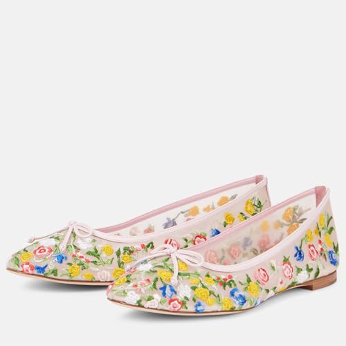 Women's Pink Ballet Flats - Embroidered Mesh Mary Jane Shoes, Slip-On Round Toe Multicolor Print Bows for Party & Casual Wear4