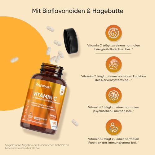 Vitamin C 1000mg pro Tablette - 180 vegane Tabletten für 6 Monate - Vitamin C trägt zu einer normalen Funktion des Immunsystems bei (EFSA) - Vit C mit Bioflavonoiden & Hagebutte - WeightWorld