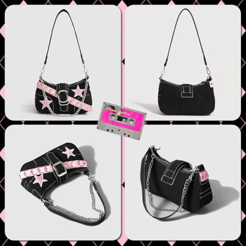Image of PALAY Shoulder Bag for Women Girls Small Canvas Handbag with Chain Charm Hobo Bag Stylishly Sweet Y2K Star Patchwork Letter Printed Handbag Casual Small Shoulder Bag