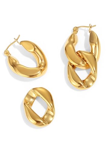PANSTAR 18K Gold Plated Dangle Earrings, Geometric Chain Style, Gold Vermeil Earrings, Gold Tone Chunky Hoop Earrings2