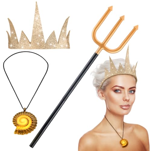 Nosiny 3 Pcs Halloween Octopus Costumes Accessories Set for Women Glitter Golden Crown and Witch Trident and Mermaid Luminous Pendant Necklace for Cosplay