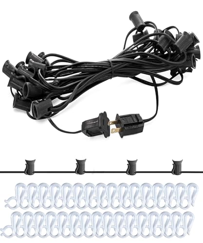 Xingzd 25Ft Light String Set with 25#10 Plastic Clips C7 Black Stringer