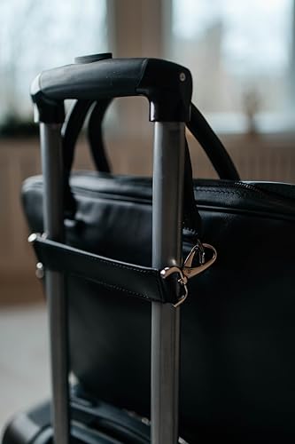 Image of Genuine Leather Travel Belt for Attaching Briefcase or Bag to Luggage Over Handle - Removable Luaggage Strap for Add a Bag to Carry On Suitcase - 9.97-inch Length (Black)