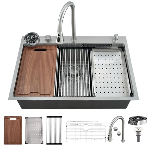 WMXQX Waterfall Kitchen Sink Drop In 31x20 Top Mount Kitchen Sinks with Faucet Combo Workstation 16 Gauge Stainless Steel Kitchen Sink Single Bowl Deep Sinks with Cup Washer by WMXQX - Used condition - US$122.20