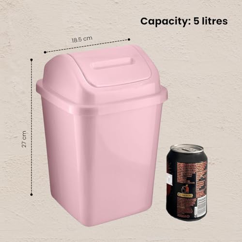 HOMESHOPA Plastic Swing Top Waste Bin, 5 Litre Pink Rubbish Recycling Waste Paper Trash Can, Square Small Flip Top Lid Dustbin, Home Kitchen Household Bathroom Office Garbage Bin