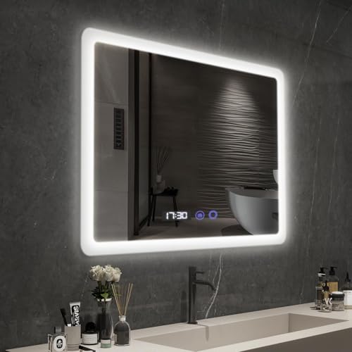 YOURLITE Miroir Salle de Bain avec Éclairage LED 80x60 cm, Luminosité Dimmable et 3 Couleurs Réglables, Fonction Antibuée, Affichage numérique Horloge et...