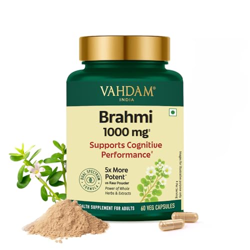 Image of VAHDAM Brahmi Capsules 1000mg | Bacopa Monnieri for Memory, Focus & Cognitive Performance | Dual Extract: Whole Herb + 20% Saponins Standardised Extract | 60 Veg Capsules | Brain Supplement