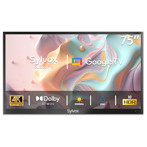SYLVOX 75 Zoll Outdoor TV,4K Ultra HD Google Smart TV, 1000 nits Draußen Fernseher Google Voice,Bildschirmspiegelung, IP55 Wasserdicht, HBBTV, 60Hz. WLAN. DVB-/S2/T2 Partial Sun (Deck Pro 2.0)