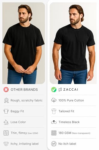 Zaccai Men's Black Cotton T-Shirt, Crewneck Short Sleeve Tee, Soft & Durable, Regular Sizes3