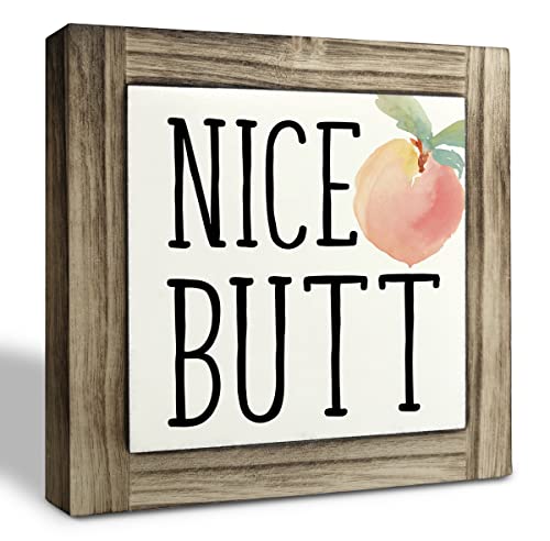 Peach Restroom Wood Plaque Sign, Nice Butt Sign, Box Wood Plaques Desk Décor 5.9×5.9×0.7inch, Wooden Quote Sign, Rustic Wooden Shelf Décor, Bathroom Table Art Signs, Funny Bathroom Shelf Signs