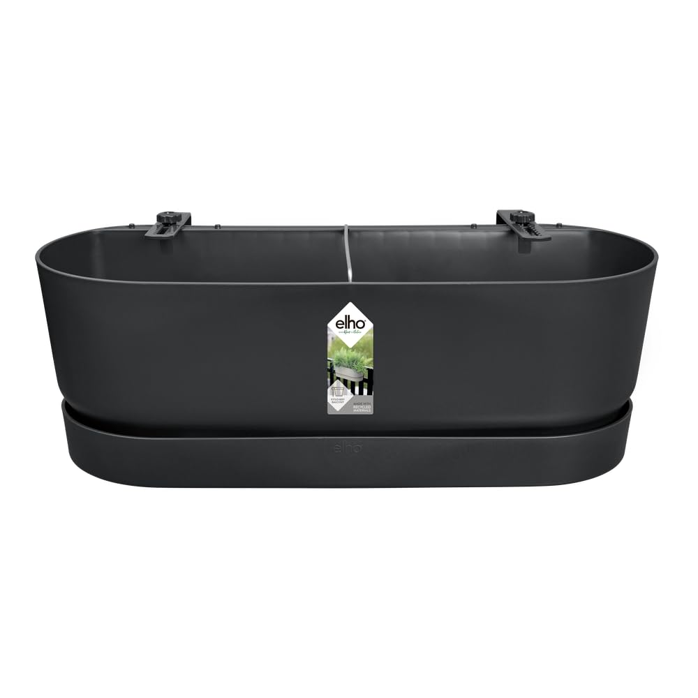 elho Greenville Easy Balcony 52 Blumentopf Balkon - Übertopf für Balkon - 100% recyceltes Plastik - Ø 52.0 x H 19.4 cm - Living Schwarz | L 21.2 x B 52 x H 19.4 cm | Integrierter Untersetzer | 100% recyceltes Plastik