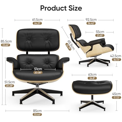 Image of Top Black Grain Leather, Mid Century Chaise Lounge Chair and Ottoman, Modern Chair Classic Design, Ash Wood, Heavy Duty Base Support for Living Room Office