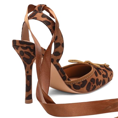 Image of Riekhany Satin Ballet Heels for Women Closed Square Toe Bow Ballerina Heels Lace Up High Heel Slingback Pumps Strappy Stiletto Mary Janes Elegant Party Shoes