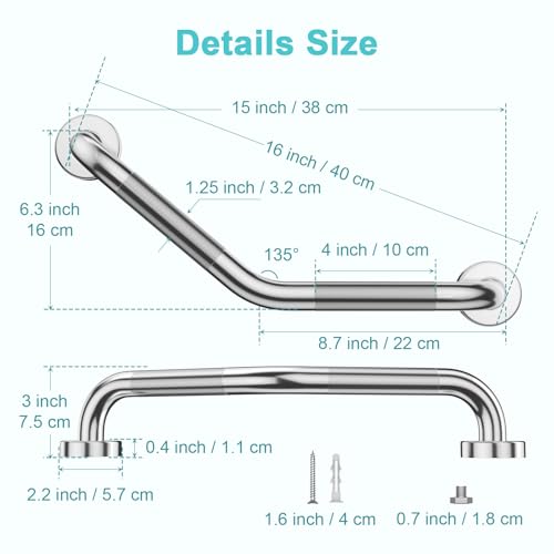 16 Inch Angled Grab Bar 2 Pack, ZUEXT Anti Slip Shower Grab Bar Handles,Chrome Stainless Steel Knurled Bathroom Balance Bar, Safety Hand Rail Support,Handicap Elderly Injury Senior Assist Bath Handle