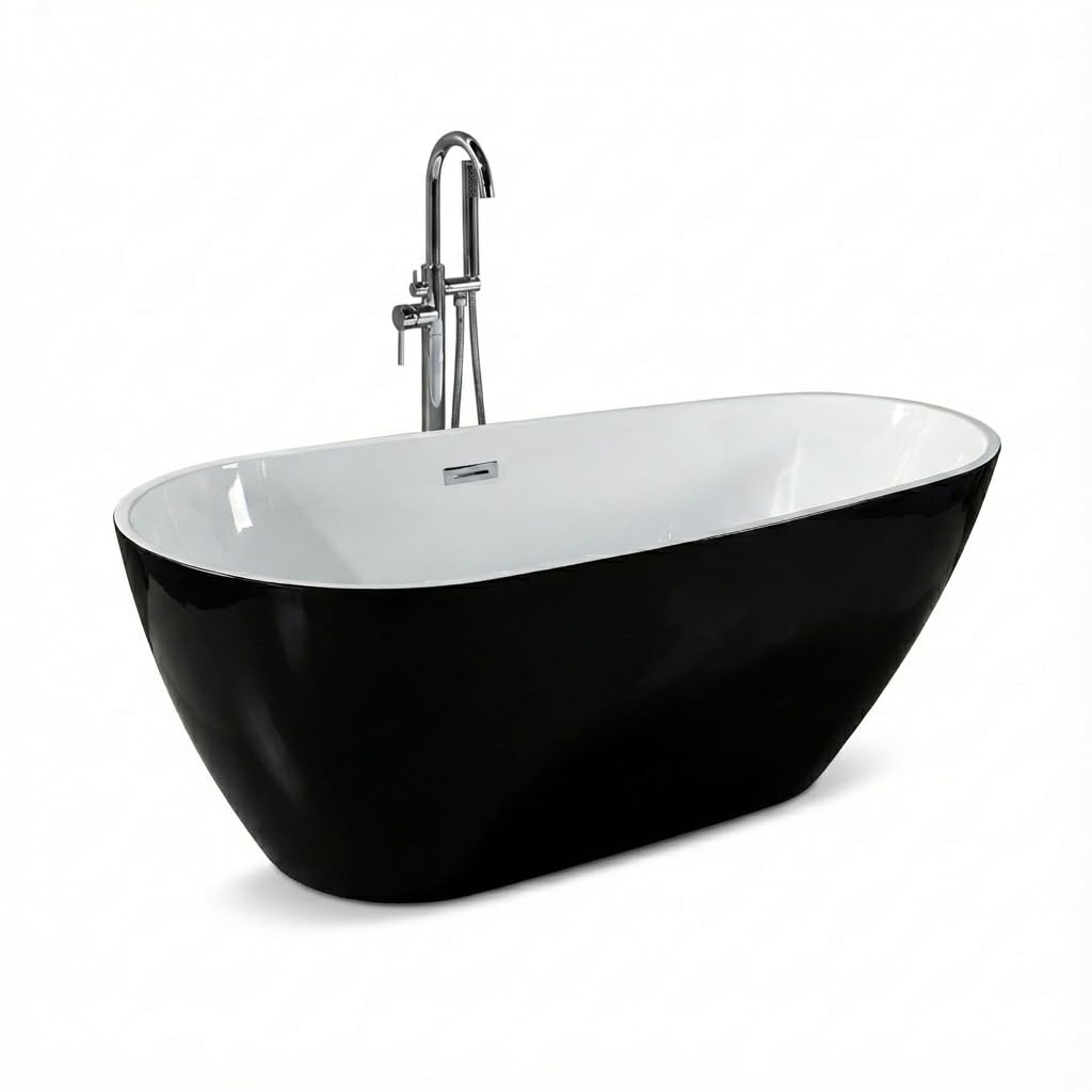 Acrylic Freestanding Bathtub, 59 Inch Pearl Shape Deep Soaking Tub, White Interior Black Exterior, Chrome Pop-Up Drain, Overflow, Modern Acrylic Stand Alone Bath Tub for Home, Apartment