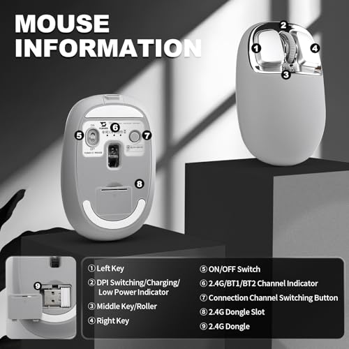 Image of YUNZll C1 Silicone Wireless Mouse | 6-Level DPI,Up to 4800,Optical Tracking,500mAh 2.4G /USB-C /BT,Custom Mice for Laptop, Computer, iPad, MacBook (Gray Silver)