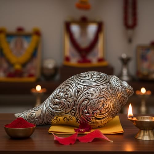Image of Silver Plated Vishnu Lakshmi Shankh - 7 Inches Antique Finish Decorative Conch Shell with Detailed Religious Engravings - Auspicious Vastu Pooja Item for Home Mandir - Ideal Spiritual Gift