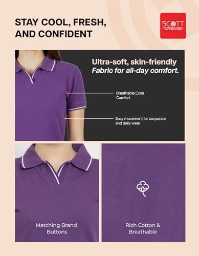 Image of Scott International Women's Cotton Polo T-Shirt | Half Sleeve Plain Collar Tee | Stylish Casual Top | Plain T-Shirt for Girls | Workwear for Office & Casual Wear