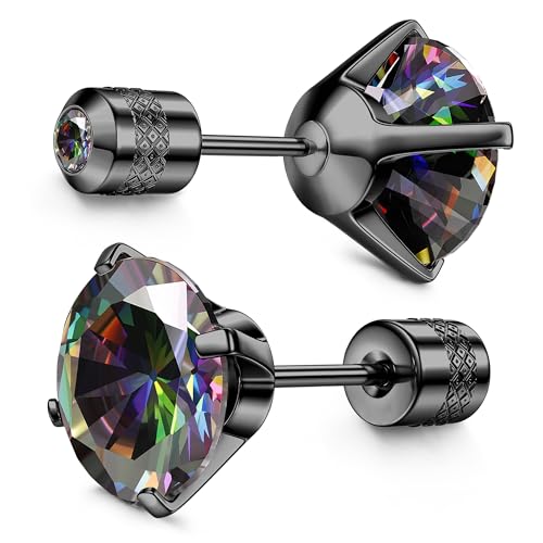 Subiceto Hypoallergenic G23 Implant Grade Titanium Screw Back Earrings 20G Pure Titanium Post for Sensitive Ears Cubic Zirconia Mens Earrings Studs for Women Men Rainbow Black 7mm
