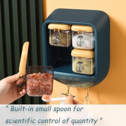 Large Capacity Wall-Mounted Spice Organizer - Clear 4-Cell Condiment Jars with Spoons & Hooks for Seasoning, Salt, and Spice Storage - Kitchen Essential, Space-Saving Solution