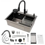Lavello da cucina in acciaio inox, 1 lavello da cucina, 45 x 40 cm, con rubinetto estraibile, lavello da incasso con lavastoviglie per tazze, scolapiatti e dispenser per sapone, per ristoranti