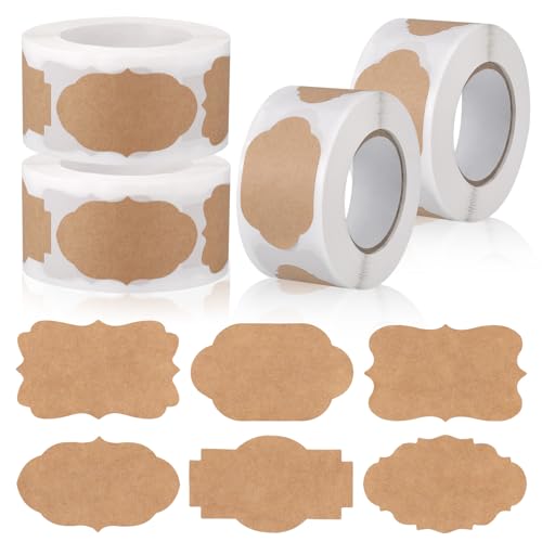JIANTA 1200 Piezas Etiquetas Kraft, Etiquetas Adhesivas 6 Formas, 3 x 5 cm Etiquetas Pegatinas para Tarros, Especias, Regalos, y Decoración de Fiestas