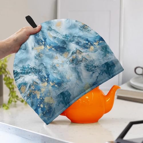 Image of Tea Cozy for Teapot Kitchen Accessory Tea Pot Cosy Insulated Thermal Kettle Cover Breakfast Warmer Washable for Home Kitchen Tabletop Decoration, Blue Gold Marble