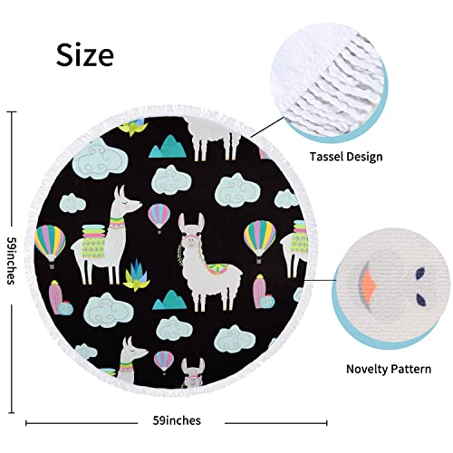 Large Round Beach Towels Cute Llama Printed Tassels Microfiber Quick Dry Sand Free Thick Roundie Throw Beach Blanket Hippy Gypsy Circle Swim Pool Towels Circle Table Cloth Tapestry-Llama, Black, 59" #TOP2