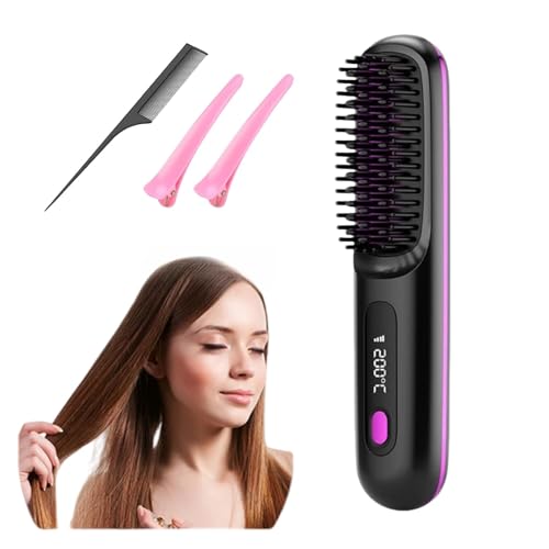 Go Brush Pro, Cordless Hair Straightener Brush, Cordless Hair Straighteners with 3 Temperature Modes Rechargeable Heated Styling Brushes for Hairs Styling Travel for Office Home (A)
