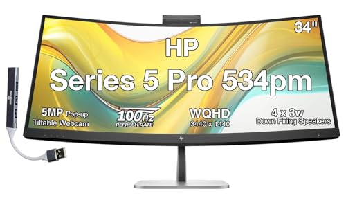 Image of HP Series 5 Pro 534pm 34 inch WQHD USB-C Monitor, Webcam, Speakers, VESA | 5MP Pop-up Webcam, Speakers, AI Noise Reduction, Height Adj, 1 Pack w /DKZ USB Hub