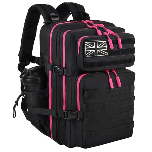 LHI Military Tactical Backpack for Men and Women 45L Large waterproof Rucksack for School, Hiking, Trekking, Hunting - Black with Red Zipper