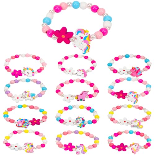 Augesak - Lot de 12 bracelets licorne en bois pour fille - Bracelet d'amitié - Fleurs - Bijoux colorés pour enfants - Bracelet d'été pour enfants - Cadeau d'anniversaire d'enfant - Cadeau de remplissage de sac