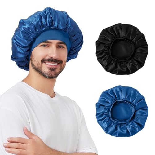 2 PCS Satin Silk Bonnet for Men Women Hair Bonnet for Sleeping Men with Elastic Band Large Silk Bonnet for Men Women Curly Hair Braids (Black+Blue)