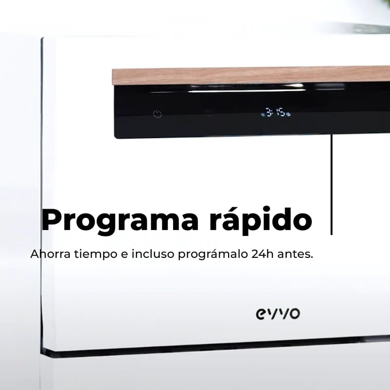 EVVO Lavavajillas Tamaño Compacto, sobremesa o encimera, 6 Servicios, 8 programas, Secado Extra, Programa ECO, Programa Autolavado, Inicio Diferido, Mini D (Blanco)
