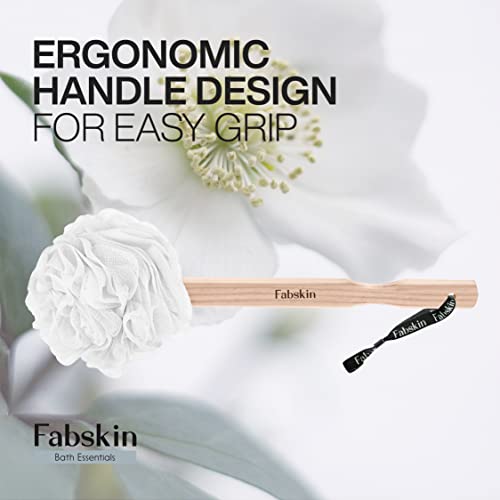 Image of Fabskin Bath Brush Loofah With Wooden Handle | White | For Men and Women | Back Bath Scrubber | Loofah For Back Bathing | Made In India