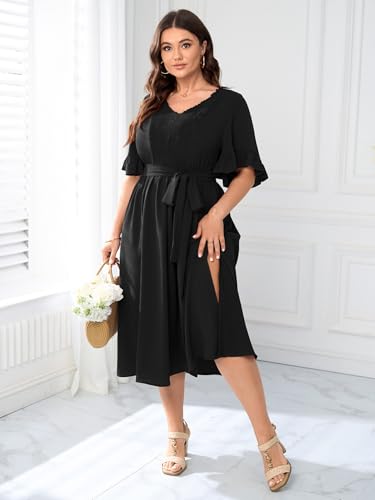 Image of SCOMCHIC Women's Plus Size Wedding Guest Dress Smocked V Neck Short Ruffle Sleeve Split Flowy Summer Cocktail Dresses
