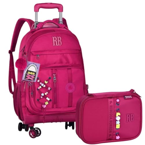 Rebecca Bonbon Kit Escolar com Mochila de Rodinhas e Estojo para 36 Canetas, Material Resistente, P/Meninas Infantil (Rosa)