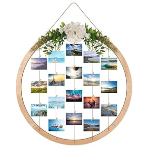 Super Holiday Large Round Wooden Multi Picture Frames – 60CM/23.62″ Artificial Flower/Eucalyptus Hanging Display Board Photo Frames Collage Wall Decor, for Spring Mother’s Day Grandma Christmas