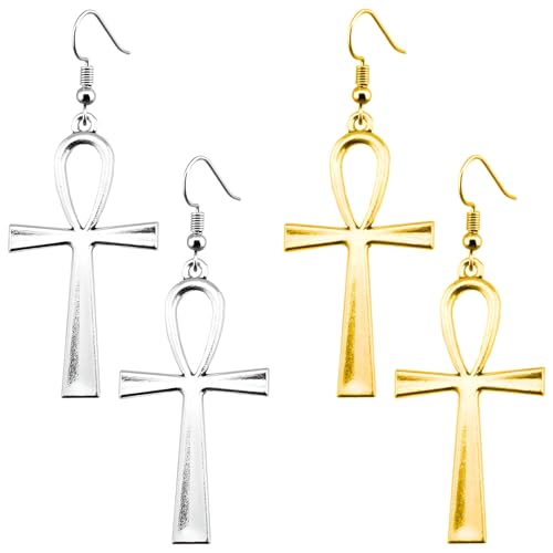 Kawailay 2 Pares de pendientes Ankh cruz Vintage Egipcio Colgante Pendientes Rock Punk Ganchos para Mujeres – Oro Antiguo Plata Acero Aleado