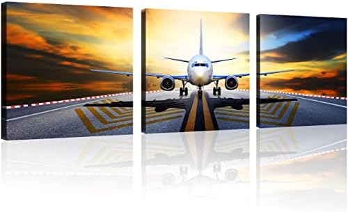 OWNANRTHM 3 Pcs Airplane Wall Art Canvas Airplane Wall Art Decor Airplane at Sunset Vintage Airplane Picture Print on Canvas Stretched and Framed Ready to Hang for Home Decor Wall Decor 12" X 12"X3