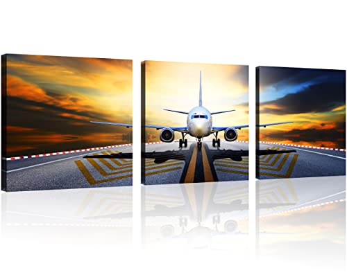 Ownanrthm 3 Pcs Airplane Wall Art Canvas Airplane Wall Art Decor Airplane At Sunset Vintage Airplane Picture Print On Canvas Stretched And Framed Ready To Hang For Home Decor Wall Decor 12" X 12"X3 #TOP2