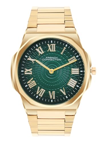 Image of French Connection Textured Green Round Dial with Gold Stainless Steel Strap Watch for Mens - FCN0125GM