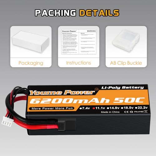Youme 3S Lipo Battery 6200mAh 50C 11.1V Hard Case RC Battery with TR Plug for RC Car Truck Buggy Boat Airplane UAV Drone FPV(2 Packs) by Youme Power - Image 7