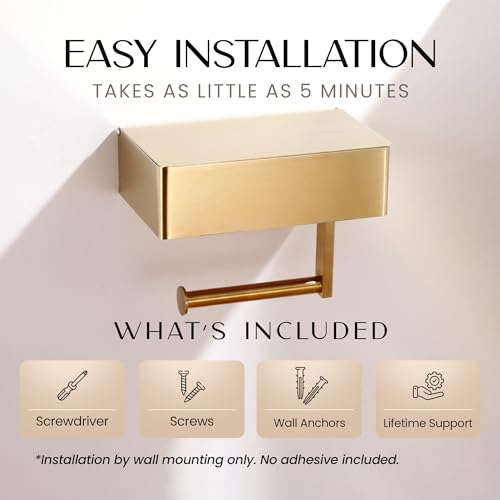 Day Moon™ - Toilet Paper Holder with Shelf - Modern Roll Holder for Bathroom - 1 Pack - Wall Mount - with Storage, Gold by Day Moon Designs - Image 5