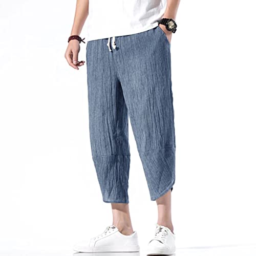INVACHI Men's Casual Elastic Waist Linen Capri Pants Wide Leg Baggy Cotton Harem Yoga Trousers4