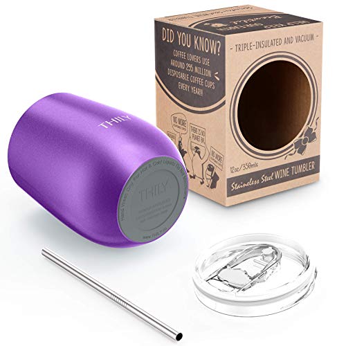 THILY Vacuum Insulated Stemless Wine Tumbler Triple-Insulated Stainless Steel Wine Glass with Lid, Reusable Straw, 350 ml - Image 4